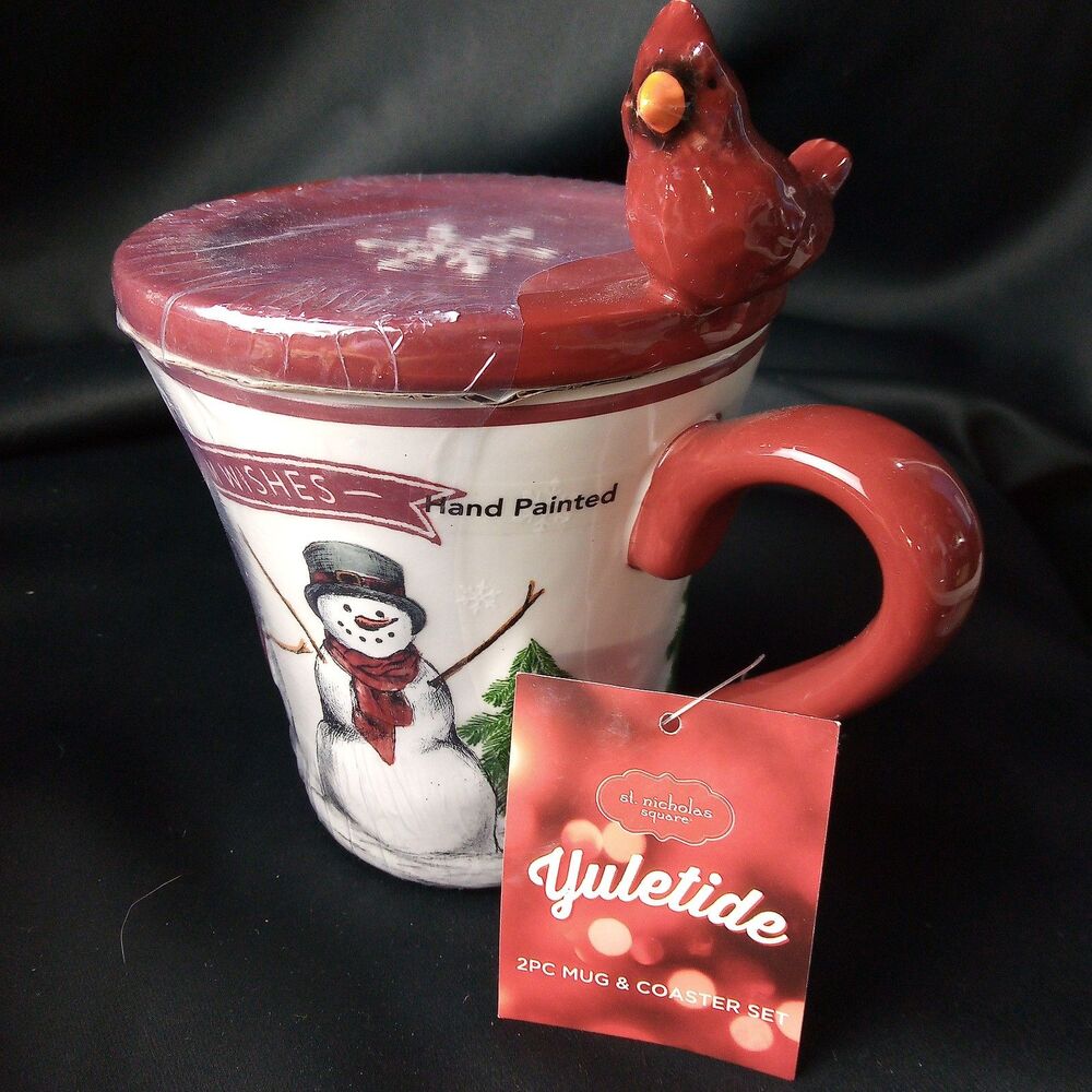 ST. NICHOLAS SQUARE YULETIDE HAND PAINTED SNOWMAN CARDINAL MUG/COASTER SET